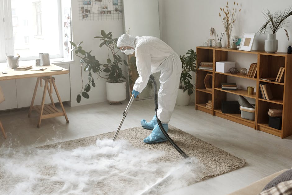 A person dressed in full white protective coveralls, including a hood and face mask, is performing deep cleaning on a beige, plush carpet in a bright, modern living room. They are using a professional carpet cleaning machine, emitting steam and cleaning solution, with a black hose connected to the equipment. The room features natural light coming from large windows, with a wooden coffee table and a tall white planter with greenery nearby. On the right, a wooden bookshelf displays decorative items, books, and framed photos, while the floor is covered with a light-colored laminate. The scene emphasizes meticulous surface cleaning and sanitisation, with the professional cleaning process showcased by the visible steam and clean, dust-free appearance of the carpet, as part of domestic cleaning services offered by Putney Carpet Cleaners. The tidy, well-lit space highlights cleanliness and maintenance efforts for carpets and floors.