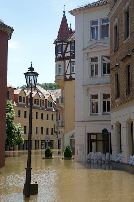 A flooded street in Putney with water reaching the lower levels of multi-story residential buildings featuring a mix of brick and light-colored facades, with white window frames and decorative moldings. The street is submerged up to the sidewalk, with water covering the pavement and the bases of a traditional black street lamp. Some small, neatly trimmed bushes are visible on a slightly elevated area, and the sky is clear, indicating daytime. This scene underscores the impact of flooding that requires professional deep cleaning and sanitisation, as provided by Putney Carpet Cleaners specializing in emergency flood-related carpet and surface cleaning. The buildings' exteriors appear unaffected, but the street and surrounding surfaces show signs of water ingress, emphasizing the importance of specialised flood aftermath cleaning.