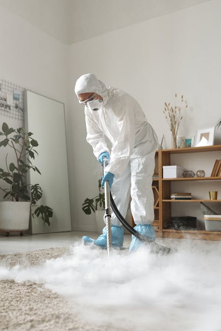 A professional cleaner dressed in a white protective suit, gloves, and a face mask is using a portable vacuum and steam cleaning equipment to deep clean a light beige carpet in a bright, well-lit living room. The room features white walls, a large window allowing natural light, and decorative indoor plants in white pots. A wooden shelving unit with various decor items is visible in the background. The scene emphasizes thorough surface cleaning and sanitisation carried out by Putney Carpet Cleaners, highlighting their expertise in domestic cleaning services to maintain hygiene and cleanliness in residential spaces.