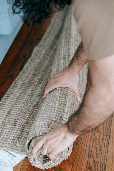 A person is rolling up a beige woven carpet on a wooden floor, preparing it for disposal or removal. The carpet has a textured, patterned surface, and the individual's hands are gripping the edge, demonstrating a careful folding process. The room features natural lighting, highlighting the clean condition of the carpet and the hardwood flooring beneath. Visible tools or packaging are minimal, emphasizing the focus on the carpet itself. This scene reflects professional domestic cleaning or removal services by Putney Carpet Cleaners, aligning with guidelines for surface cleaning and maintenance as outlined in Wandsworth Council carpet disposal rules in Putney. Such procedures are essential for proper hygiene and efficient waste management in residential or commercial settings.